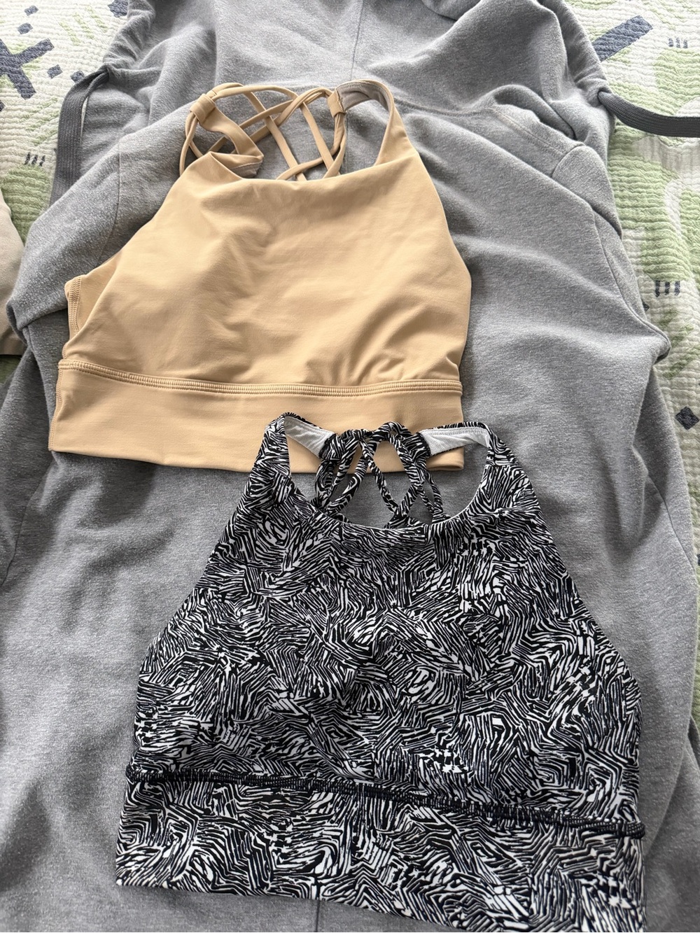 Lululemon Neutral Beige Crisscross Sports Bra + Black & White Printed Sports Bra